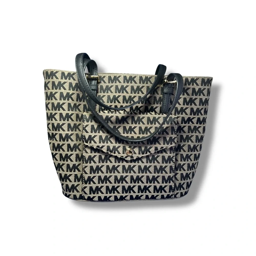 Michael Kors Monogram MK Medium Jet‎ Set Tote Bag Khaki Canvas with Leather Trim